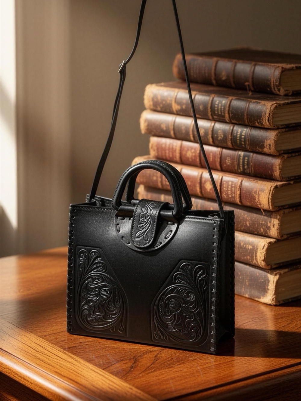 Hand Crafted Black Tooled Leather Satchel with Floral Embossing